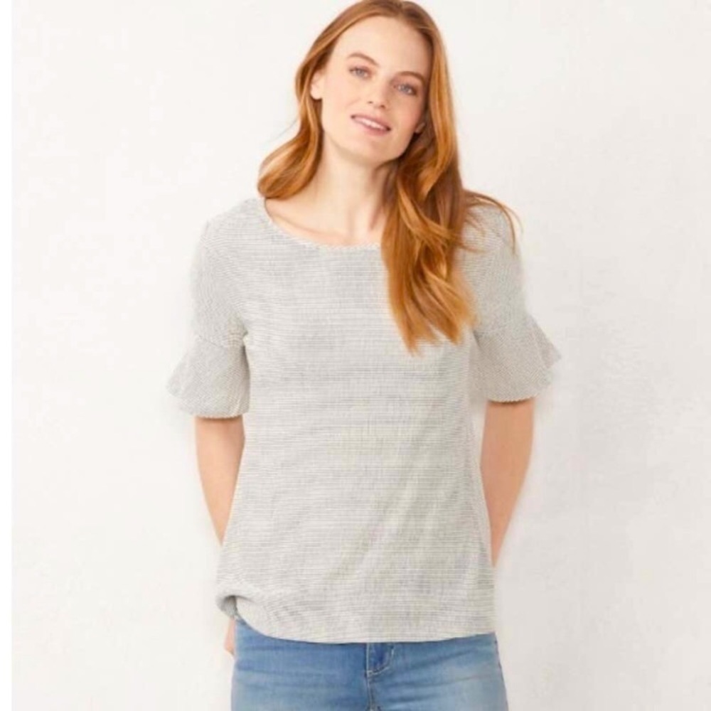 LC Lauren Conrad Textured Flutter Sleeve Keyhole Top White with Black Stripes